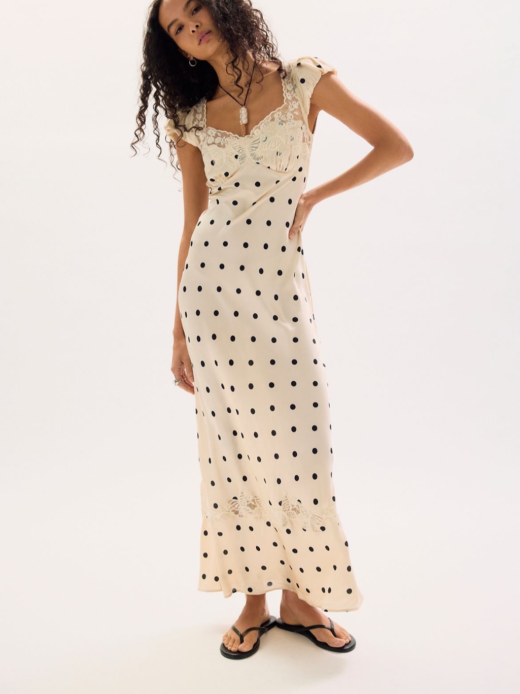 Free People Butterfly Babe Polka Dot Lace Trim Maxi Dress